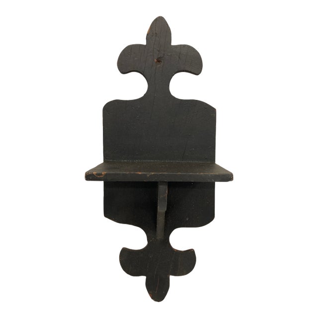 Antique Folk Art Carved Wood Wall Shelf With Black Paint For Sale