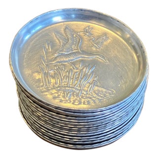 Set of Fifteen Duck Embossed Metal Coasters C.1950 For Sale