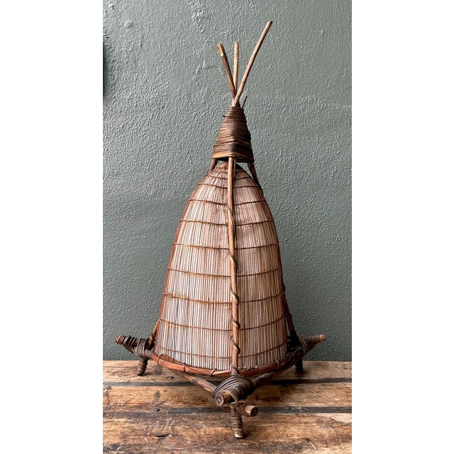 Brown Vintage Japanese Woven Reed Table Lamp For Sale - Image 8 of 18