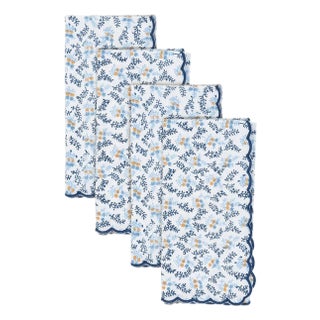 Sharland England Little Flower Scalloped Napkins in Blue - Set of 4 For Sale