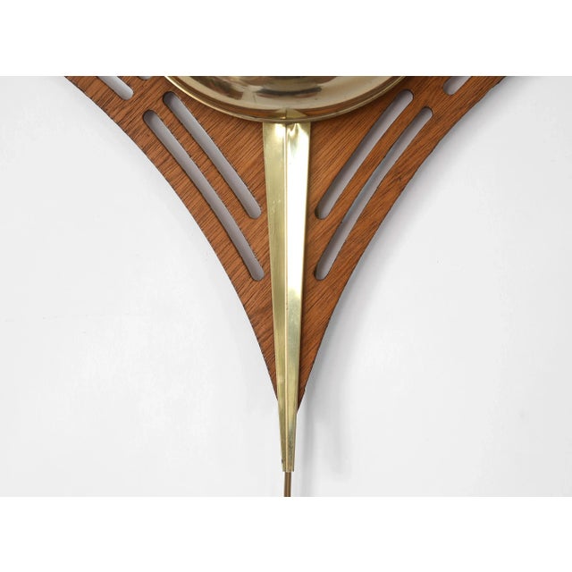 Brass 1950s United Mid Century Laminated Teak & Brass Diamond-Shaped Clock For Sale - Image 8 of 12
