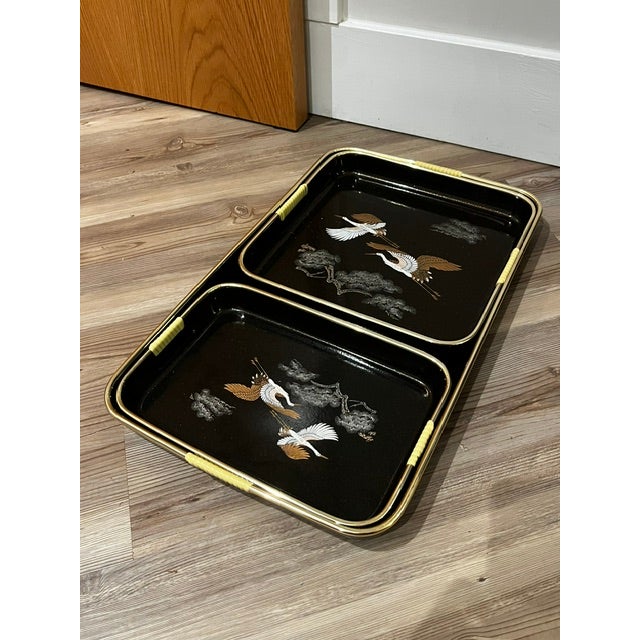 Set of 3 Mid 20th Century Japanese Maki Style Black Lacquer Effect Resin Two Trays Gold Painted Cranes For Sale - Image 11 of 13