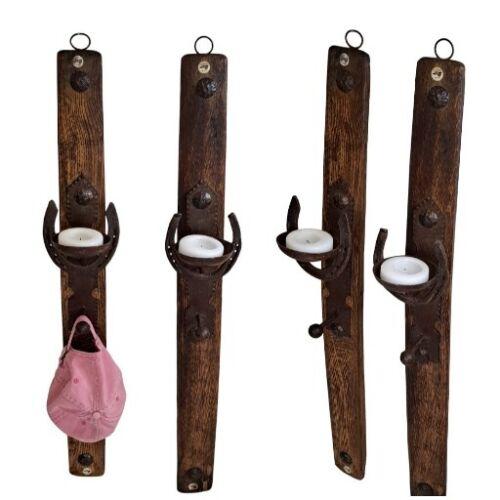 Pair of Vintage Rustic Barrel Stave Horseshoe Candle Sconces Hook