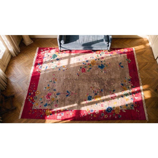 1920s Tan Ecru Floral Antique Chinese Art Deco Rug 8'8' 'X 11'6'' Knotted Wool Carpet For Sale - Image 12 of 12