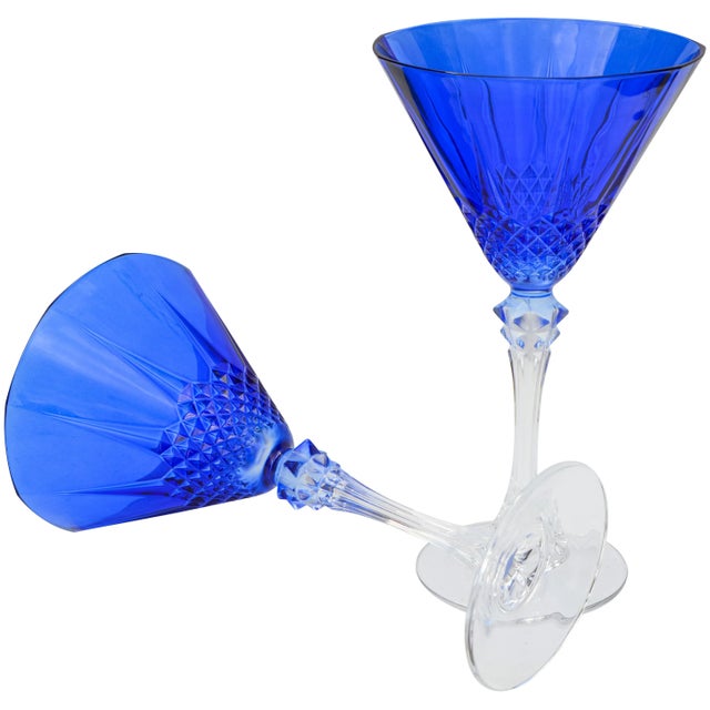Vintage Blue Crystal-Cut Flutes, S/2 For Sale - Image 4 of 6