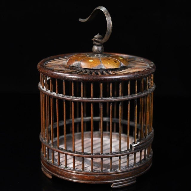 Chinese Vintage Chinese Huali Rosewood Cricket Cage | Round Cage With Brass Hook & Inlay For Sale - Image 3 of 11