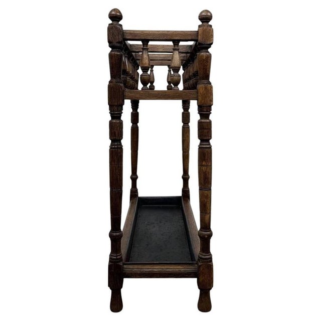Wood Antique English Edwardian Umbrella and Stick Stand in Oak, 1900s For Sale - Image 7 of 10