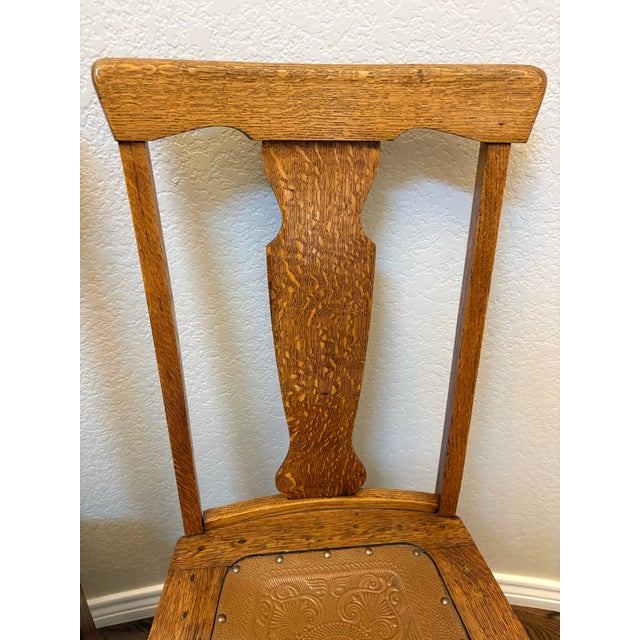 Pair of Antique Arts & Crafts Mission Quarter-Sawn Tiger Oak Dining Chairs With Embossed Leather Seats For Sale - Image 9 of 11