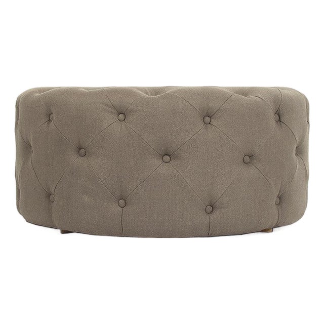 Round Tufted Ottoman - Gray Linen For Sale
