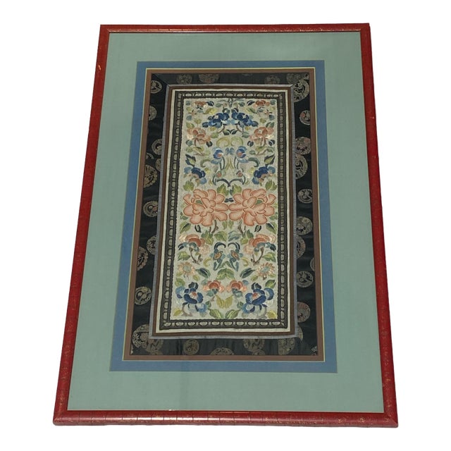 Superb Antique Chinoiserie Silk Hand Embroidery Panel 19th Century Framed 20.5" H For Sale