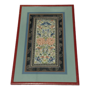Superb Antique Chinoiserie Silk Hand Embroidery Panel 19th Century Framed 20.5" H