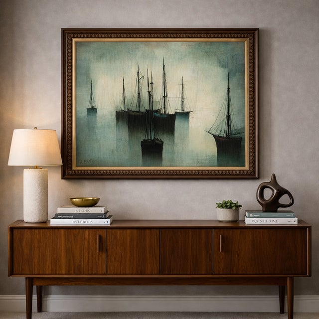 Blue Framed Large-Scale 1960s French Modern Harbor Scene Oil Painting (43" × 36") For Sale - Image 8 of 17