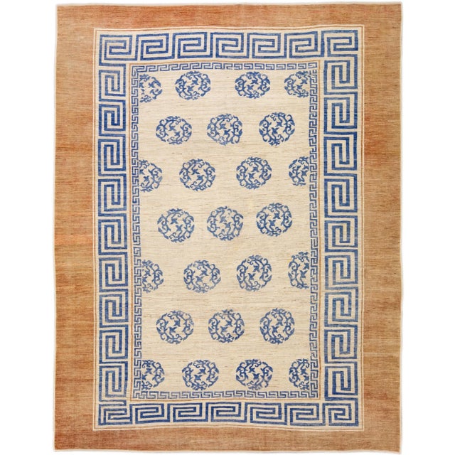 Modern Handmade Blue Greek Key Pattern Beige Oversize Wool Rug For Sale - Image 11 of 11