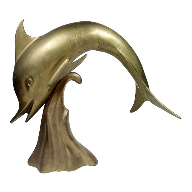 Large Mid Century Brass Dolphin Sculpture For Sale