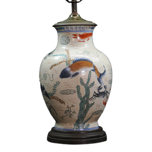 Vintage Famille Rose Style Import Chinese Koi Fish Porcelain Table Lamp