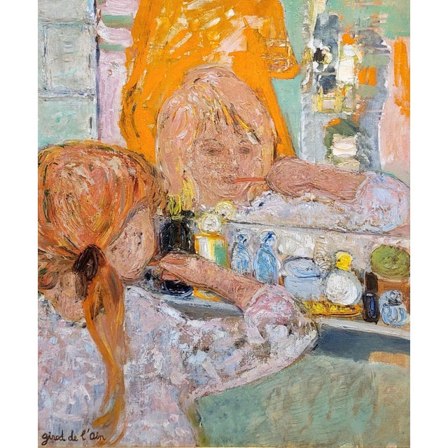 Helene Girod De l'Ain - Little Blond Girl Brushing Her Teeth -Oil Painting C.1950s For Sale - Image 4 of 10