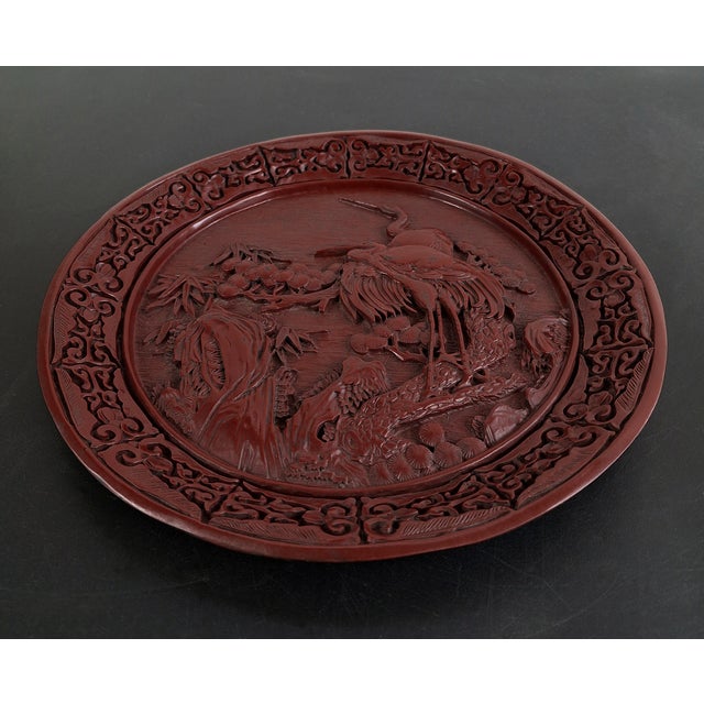 Late 19th Century Chinese Cinnabar Cranes Plate For Sale - Image 5 of 6