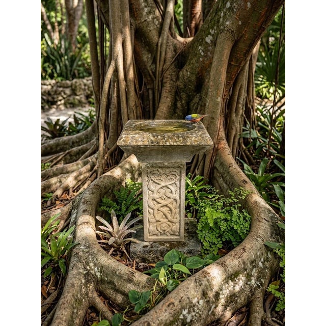 English Regency Style Weathered Cast Stone Birdbath With Celtic Knot Pedestal For Sale - Image 10 of 10