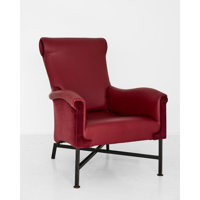 Mid-Century Modern Italian Mid-Century Vinyl and Velvet Lounge Chair With Iron X-Base For Sale - Image 3 of 17