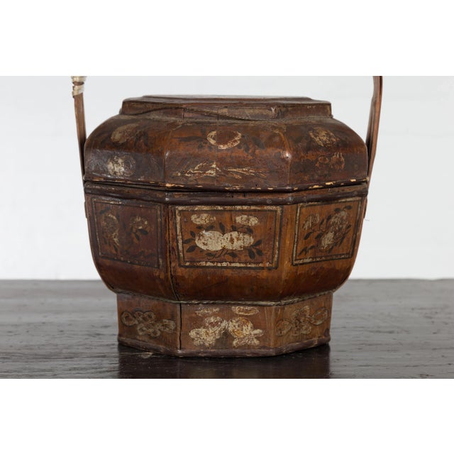 Chinese Antique Lacquered Gift Delivering Basket with Hand Painted Floral Décor For Sale - Image 9 of 13