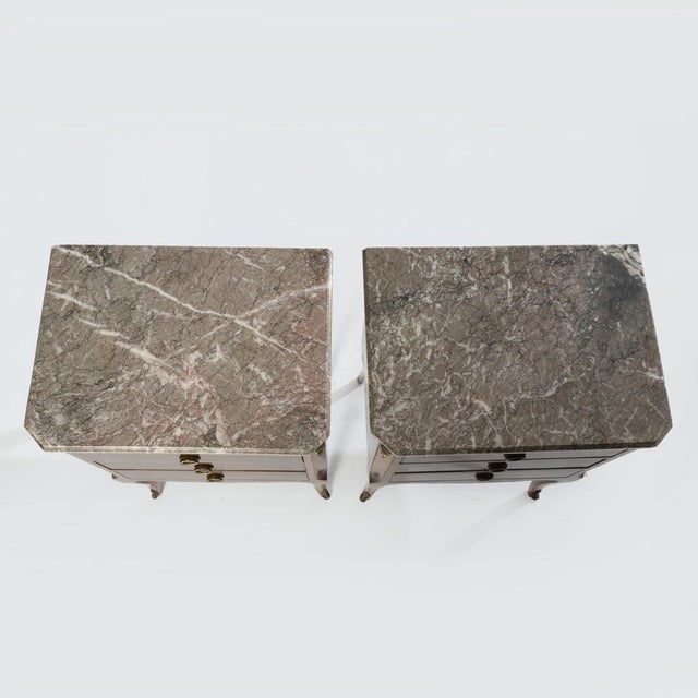 Pair of French Louis XV Style Marble Top 3 Drawer Stands For Sale - Image 11 of 15