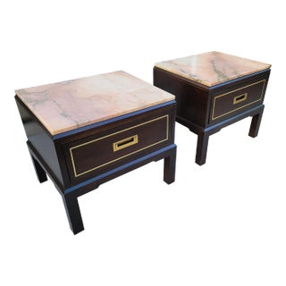 Vintage American of Martinsville Marble Top Campaign Style Side Tables -- a Pair For Sale