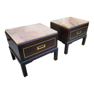 Vintage American of Martinsville Marble Top Campaign Style Side Tables -- a Pair