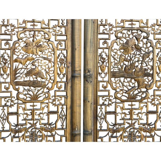 Vintage Finish Openwork Floral 4 Panels Wood Floor Screen Room Divider For Sale In San Francisco - Image 6 of 10