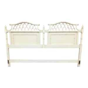 Vintage Antique White Wash Ficks Reed Faux Bamboo Regency King Size Headboard