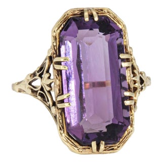Vintage Art Deco Amethyst Ring Filigree Cocktail 14k Gold Filigree Jewelry 6.75 For Sale