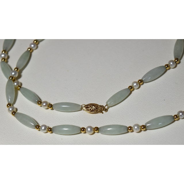 Modern Vintage Barrel Jade & Pearl 14k Beaded 26" Necklace For Sale - Image 3 of 17