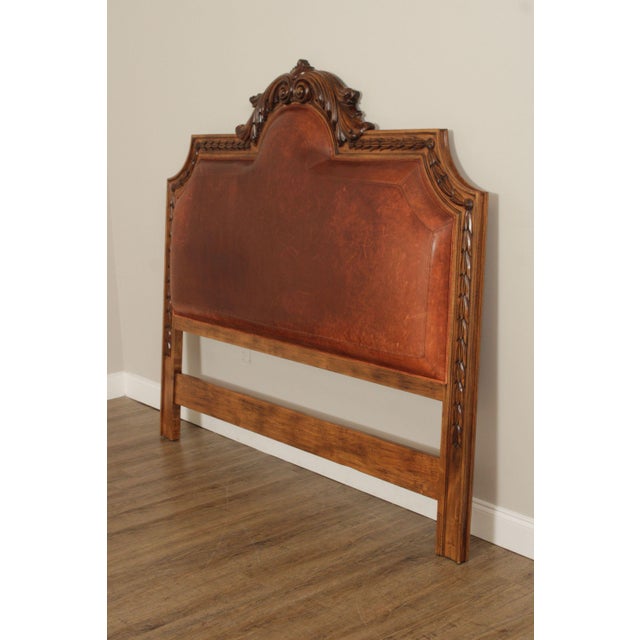 Rustic European Style Queen Size Carved Wood And Leather Headboard