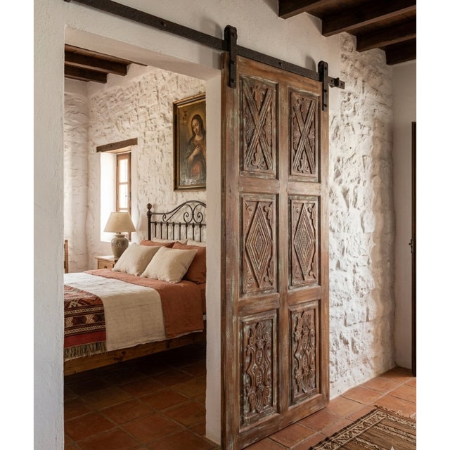 Antique Hand-Carved Wooden Door, Reclaimed Farmhouse Barn Door 84x36 For Sale - Image 4 of 6