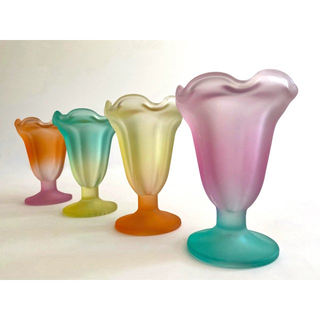 Mid 20th Century Vintage Mid Century Modern Frosted Glass Multicolor Pastel Parfait Tulip Dessert Cups - Set of 4 For Sale - Image 5 of 13