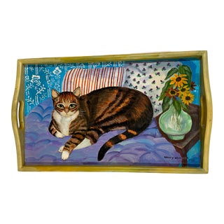 1996 Nancy Weinberg Original Painted Cat Tray For Sale