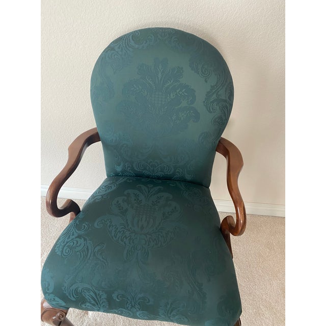 Wood Pennsylvania House Emerald Green Damask Style Upholstry and Carved Cherry Wood Dearborn Exquisitely Unique Chair Excellent Condition For Sale - Image 7 of 11