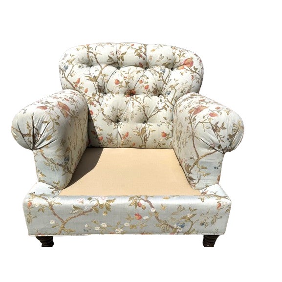 Custom Tufted Scalamandre Light Blue Floral Lounge Chair and Ottoman For Sale - Image 14 of 18