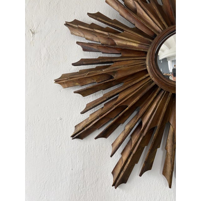Wood Rare 1940s French Big 24" Convex Gold Gilt Sunburst Starburst Mirror For Sale - Image 7 of 10