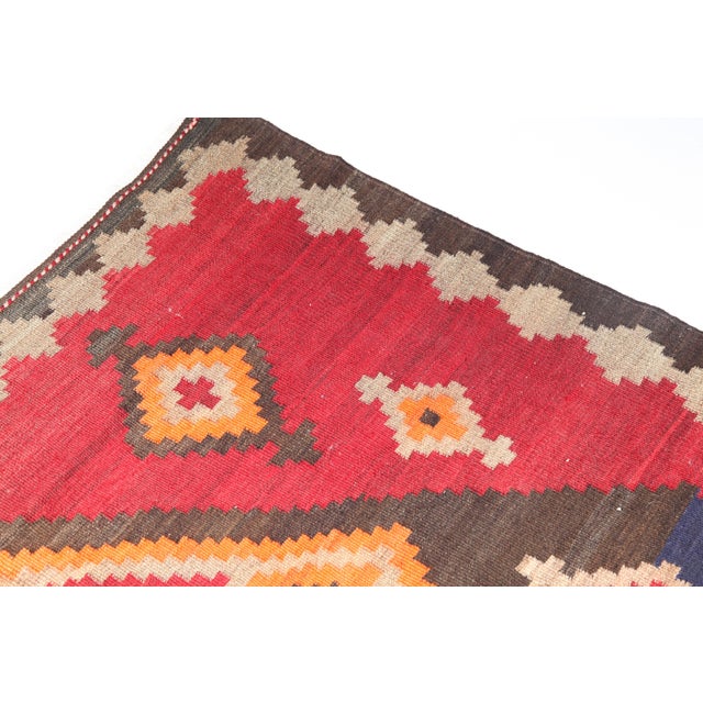 Tribal Antique Caucasian Karabagh Kilim With Bold Tribal Medallion in Crimson & Red Tones -4' 4'' X 10' 4'' For Sale - Image 3 of 7