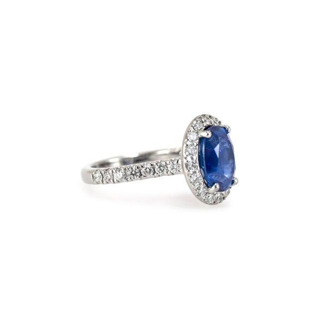 Early 21st Century 14k White Gold Agl Ceylon 3.54ct Oval Sapphire Halo Diamond Cocktail Ring, Size 6 For Sale - Image 5 of 9