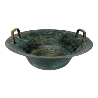 Vintage Chinese Dancing Water Bowl With Five Clawed Dragons and Brass Rubbing Handles For Sale