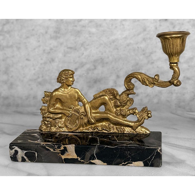 Metal Vintage French Neoclassical Brass & Marble Figural Candlestick Holder - A Pair For Sale - Image 7 of 11