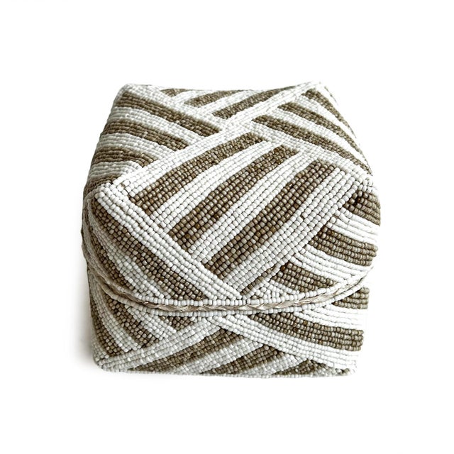 Beautiful vintage hand beaded accessory box made from woven bamboo and intricately covered with striped patterns of tan...