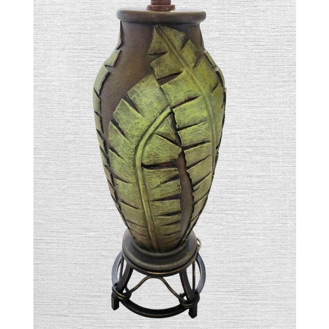1990s 1990s Tropical Banana Leaf Iron Base Regency Raffia Shade Table Lamp For Sale - Image 5 of 9
