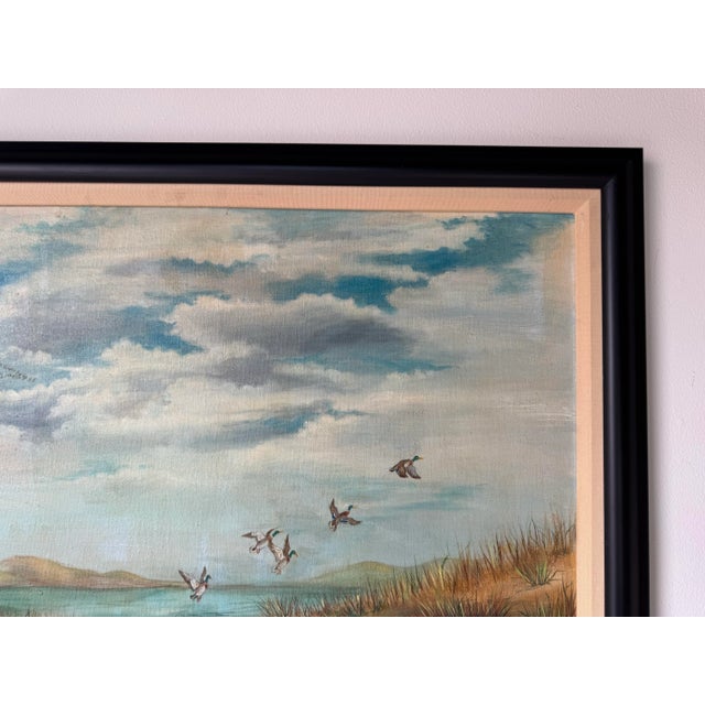 Wood 1979 Vintage “Ducks Over Marshland” Landscape Oil Painting by Little, Framed For Sale - Image 7 of 12
