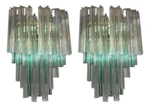 1960s Italian Venini Murano Crystal Tri Glass Prism Wall Sconces W/ Green Detail - a Pair