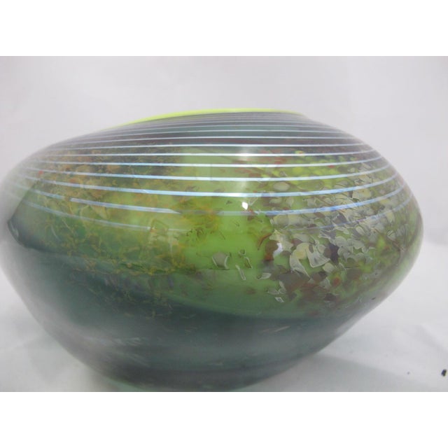 2010s Suzanne Kindland Handblown Icefire Studio Art Glass Green Blue Bowl Vase For Sale - Image 5 of 10