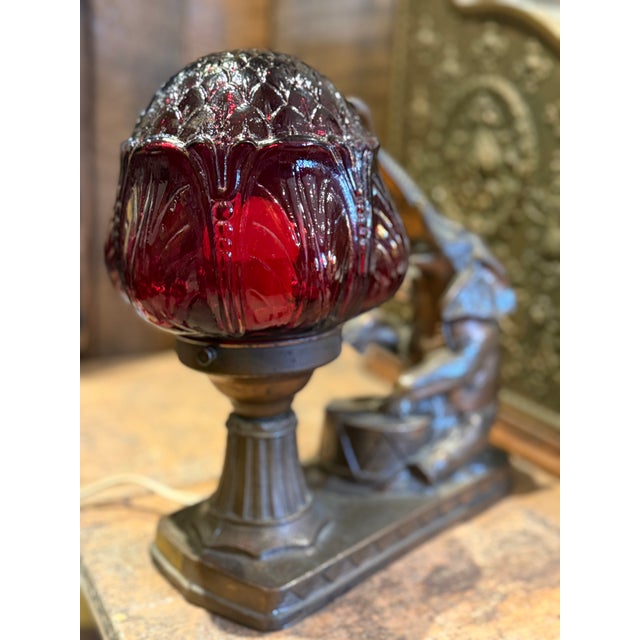 1930s Gibraltar Art Deco Spelter Elephant Table Lamp With Ruby Red Glass Shade For Sale - Image 4 of 13