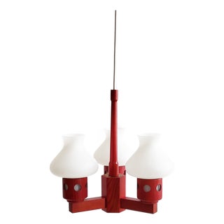 Mid-Century Swedish Pine Chandelier with Frosted Glass Shades by Aneta, 1970s For Sale