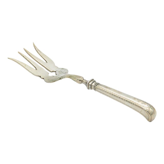 Silver Fish Serving Fork with Strips, Engraved Acanthus Leaf and Pistol-Shaped Handle For Sale